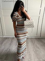 Urban Sexy Dresses U-neck Striped Crochet Short Knitted Dress Women Sexy A Line Bodycon Knit Maxi Vestidos Female Fashion Commuter Dresses T231023