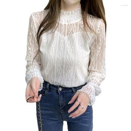 Women's Sweaters Women's Autumn Winter Half High Neck Lace Pullovers Shirt Women Style Long Sleeve Double Layer Mesh Solid Top White