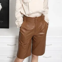 Women's Pants European Style Genuine Leather Female Handsome Straight High Waist Suit Shorts With Belt Casual Wide Leg Trousers