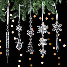 Clear Acrylic Christmas Tree Pendants Charms Transparent Plastic Crystal Snow Hanging Decorations Santa Claus Merry Xmas Happy New Year Festive Party Home Gift