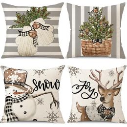 Pillow 4PCS/Set Christmas Santa Claus Reindeer Covers 18 X 18inch Xmas Winter Holiday Gray Stripes For Chair Bed