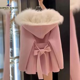 Womens Wool Blends Fur Lining Woollen Jacket Hooded Coat Open Stitch Female Clothes Loose Tops Adjustable Waist Autumn Winter 231021