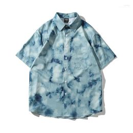 Men's Casual Shirts Men's Men Shirt Short Sleeve 2023 Summer Loose Pocket Flowers Comfortable Tie Dye Male Thin Chinese Style S93