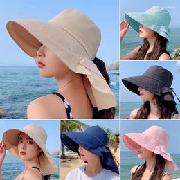 Wide Brim Hats Womens Summer Sun Flap Cap Hat Neck Cover Cord Cotton Visor Anti-UV Drawstring Beach