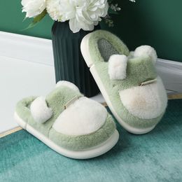 Fur slippers women's wear new thick bottom stepping on feeling cotton Light green slippers home home winter