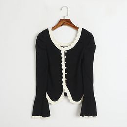 1015 2023 Autumn Womens Sweater Long Sleeve Cardigan Black White Crew Neck Cardigan Fashion Striped Clothes DL