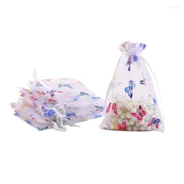 Shopping Bags 100pcs/lot 7x9cm 9x12cm 10x15cm Butterfly White Organza Drawstring For Jewelry Candy Packing Bag Storage Display Pouch