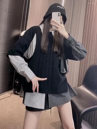 Women's Blouses Shirt Sweater Vest Women Two Piece Top Stripe Patchwork Long Sleeve Blouse Hollow Knitted Pullover Autumn Lady Streetwear