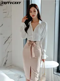 Work Dresses Office Two Piece Set Temperament Women Slim Long Sleeves Shirt High Waist Bodycon Pencil Skirt Lady Occupation Suit