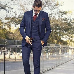 Men's Suits Latest Navy Blue Mens Slim Fit Wedding Groom Tuxedos Business Ensembles Homme 3 Pieces Set Groomsmen Prom Party Blazer