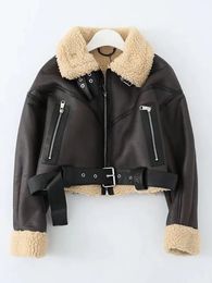 Women's Leather Faux Leather Winter women's street clothing artificial lamb fur leather short jacket with belt motorcycle thick warm sheepskin overcoat coat 231023