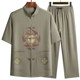 Men s Tracksuits Chinese Style Tang Suit Sets Short Sleeve Long Pants Tradition Dragon Embroidery Kung Fu Satin Silk Wu Shu Tai Chi Set 231023