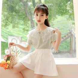 Clothing Sets Girls Plaid Suit Summer Dress Solid Colour Shirt Short Sleeve Shorts Two-Piece Set Ruffled Doll Collar Puff