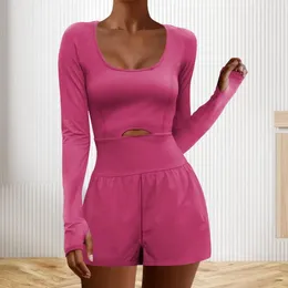 Women's Two Piece Pants Women Fall Spring Romper Hollow Out Backless Long Sleeves Scoop Neck Solid Colour Elastic Soft Breathable Workout
