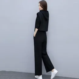 Women's Two Piece Pants Elegant Fashionable Suit Stylish Three-piece Set Black Hooded Vest Coat Elastic Waist Wide Leg For Office Leisure