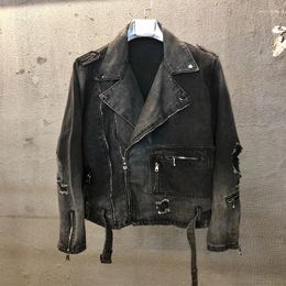 Men's Jackets Men's Street Fashion Men Jacket Retro Black Grey Zipper Designer Destroyed Punk Ripped Denim Hip Hop Biker Chaqueta