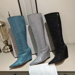 Botas de diamantes de imitación Diseñadores Zapatos Zip Moda Especial Tacones en forma de F 35-41 Piel de vaca Punta cuadrada 9 cm Tacón alto Bota de diseñador para mujer con caja