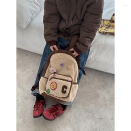 Backpack Corduroy Lamb Wool Solid Colour Patchwork Vintage Lovers Autumn Winter Warm Plush School For College Students