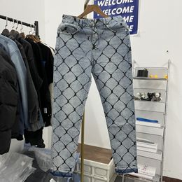 Jeans Pants Painted Men's Hip Hop Wire Mesh Printed Slim Fit Straight Pant Mens High Street Casual Trousers