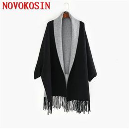 Scarves Black Grey Plus Size Out Wear Winter Knitted Poncho Women Solid Design Cloak Female Long Batwing Sleeves Coat Vintage Shawl 231021