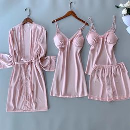 Women's Sleepwear Soft Sexy Satin Nightwear Women Pyjamas Set Lounge Wear Lace Patchwork Kimono Bathrobe Gown 4PCS Loose Pyjamas