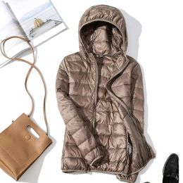 Down jacket Women Hooded Ultra Thin 90% Ultra Light White Duck Down Coat Female Winter Solid Colour Portable warm