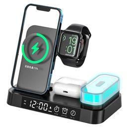 3-in-1 For Cell Phone Watch 15W Wireless Charger Folding Design Alarm Clock 20W Type C Port RGB LED Night Light - Black