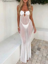 Urban Sexy Dresses Sexy Strapless Mesh Maxi Dress Women Fashion Solid Hollow Out See Through Long Dresses 2023 New Chic Female Beach Party Dresses T231023