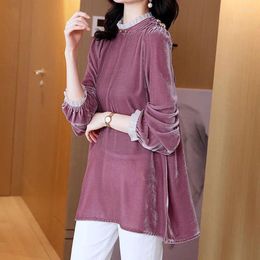 Women's T Shirts Golden Velvet Spring T-Shirts Rose Purple Medium Length Lantern Sleeve Lace Metal Decorative Stand Collar Ladies Silk