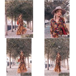 Grundlegende Freizeitkleider 2022 Herbst Bodenlanges Kleid Damen Langarm Druck Blumen Vintage Irregar Maxi Mujer Chic Wrap Drop D DHO0S