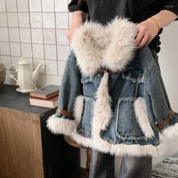 Jackets 2023 Children's Clothing Design Retro Fur Patchwork Denim Autumn And Winter Coat Girls' High-end Cotton Jacket