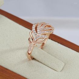 Cluster Rings Luxury Full Zircon Fashion Jewellery 585 Rose Gold Colour Leaf Texture Women Finger Wedding Party Elegant Accessories