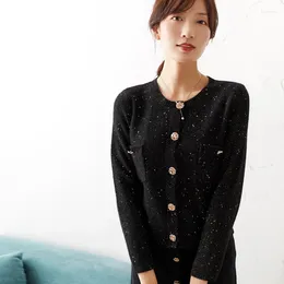 Women's Sweaters Autumn Winter Cashmere Knitting Cardigan Long Sleeved Round Collar Sweater Gold Thread On Outside High End