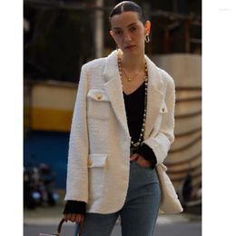 Women's Suits Autumn Women Tweed Wool Blazers Lapel Collar Loose Pocket Long Sleeve Suit Coat Tops
