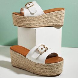 Slippers Platform Rattan Grass Woven Wedges Women's Summer Slip On Slides Muller Shoes Pumps Belt Buckle Solid Colour PU Leather