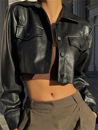 Women's Leather Faux Leather Women PU Leather Jacket Solid Colour Long Sleeve Button Down Crop Tops Coats Korean Fashion Autumn Outerwear Streetwear 231023