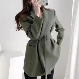 Women's Suits Korean Autumn/Winter Blazer Jacket Vintage Suit Collar Large Pocket Lace Up Waist Slim Medium Length Woollen Coat Z3190