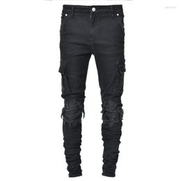 Jeans Erkek Yırtık Denim Pantolon Skinny Elastik Erkek Deliği Çok Cepli Fermuar Pantaloon İnce Siyah Kargo Pantolon