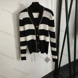 Knit Cardigan Womens Hardware Chain Decoration Design Color Contrast Striped V Neck Long Sleeve Sweater Slim Knit Coat