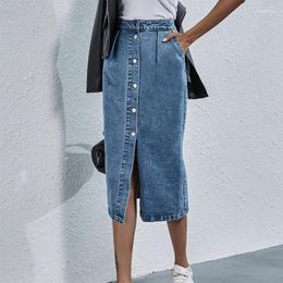 Skirts Europe And America Single Breasted Knee Length Denim Skirt Women Streetwear Casual Pocket High Waist Straight Jeans