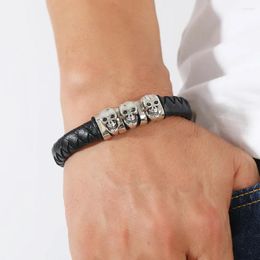 Charm Bracelets Mens Bracelet Fashion Woven Magnetic Buckle Stainless Steel For Men Hip Hop Skull Retro Microfiber Leather