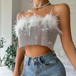 Women's Tanks Women's Women Metal Chain Shoulder Straps Club Tank Top Sliver Feather Trimmed Rhinestone Detail Mesh Cami For Party