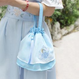 Shopping Bags Lotus Embroidery Chiffon Drawstring Bag Women Vintage Double Layer Hanfu Large Capacity Handbag Sweet Crossbody Bucket