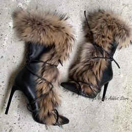 Boots Fur Pointed Toe Black Leather Mid Calf Boots Women Sexy Thin High Heels Short Boot Big Size Lady Winter Designer Shoes 231023