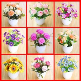 Decorative Flowers Artificial Flower Chrysanthemum Potted Plant Lifelike Gypsophila Wood Pot Bonsai Home Garden Ornaments Decoration