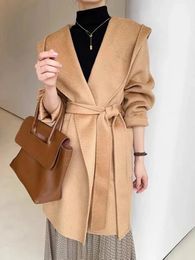 Women's Wool Blends Autumn Mid-length Hooded Coat Women Black Water Ripple Cashmere Coat Female Winter Casual Lace-up Loose Beige Coat Classic 231023