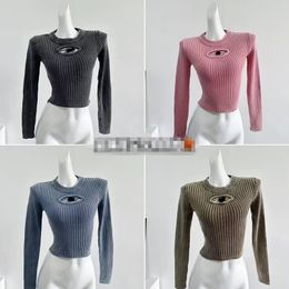 2023 early autumn D new high-grade metal hollow letters washed blue knitting to do old women's long-sleeved knitwear