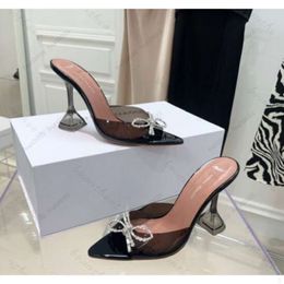 Amina Muaddi Womens sandals leather sole designer high heels 10cm crystal bow diamond chain decoration banquet women BLACK PVC wedding sexy formal shoes3