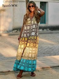 Urban Sexy Dresses Women Printed Bohemian Loose Maxi Dress Fashion Contrast V-neck Sleeveless Dresses 2023 Summer Chic Female Beach Vacation Robes T231023