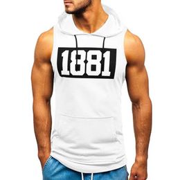 Mens T Shirts Sports Tank Tops Men Fitness Muscle Print Sleeveless Hooded Bodybuilding Pocket Tight-drying Summer Shirt For Clothing